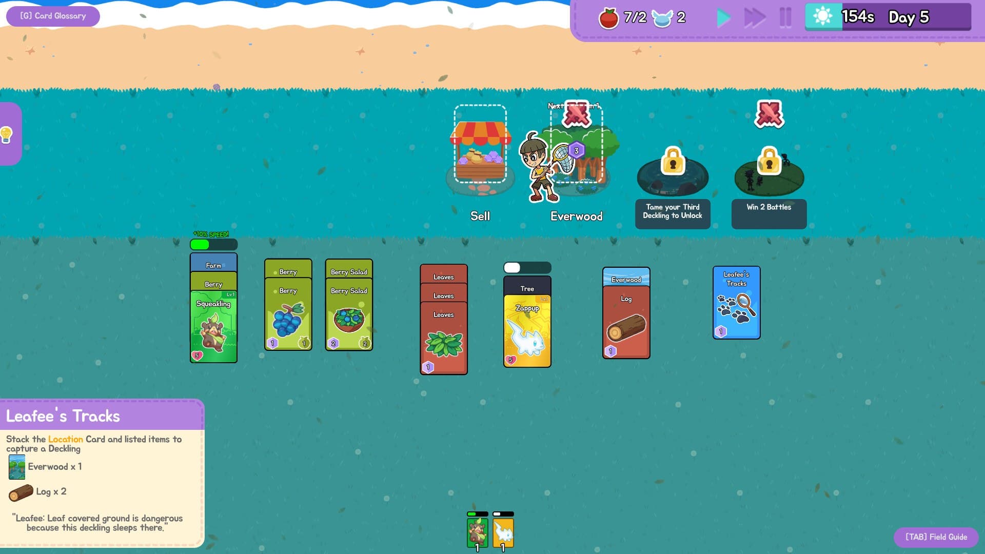 Decklings official screenshot showing the card-stacking base board