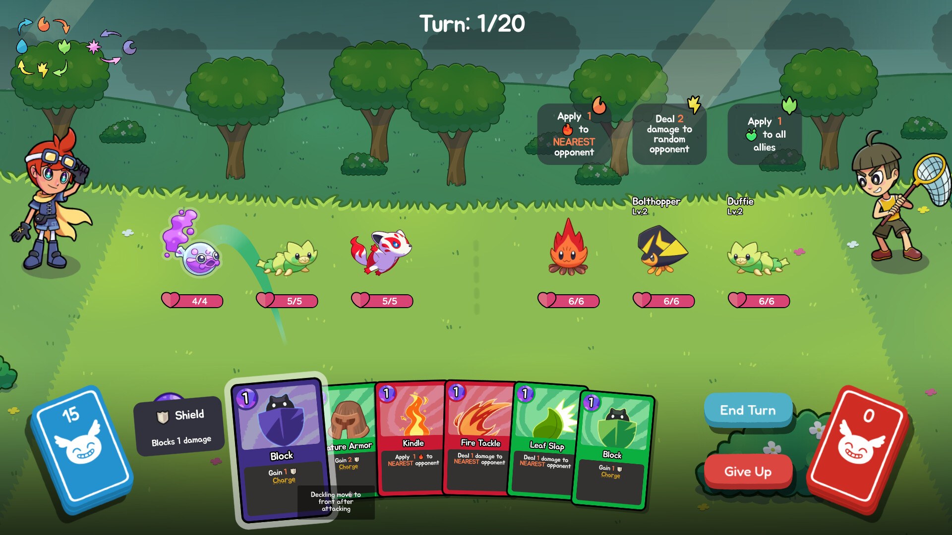 Official screenshot of a Decklings battle screen on Steam