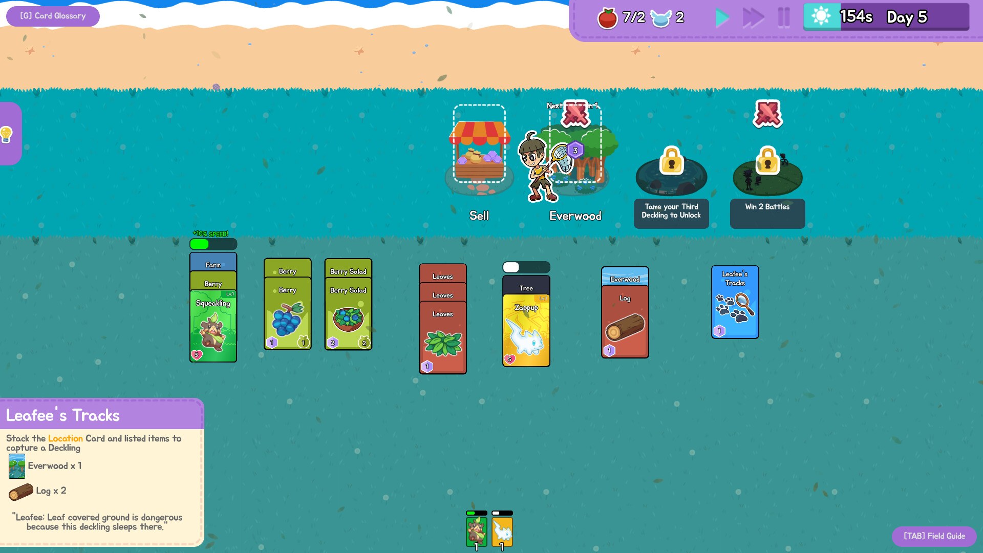 Official screenshot of a Decklings base with stacked cards and a Track tooltip