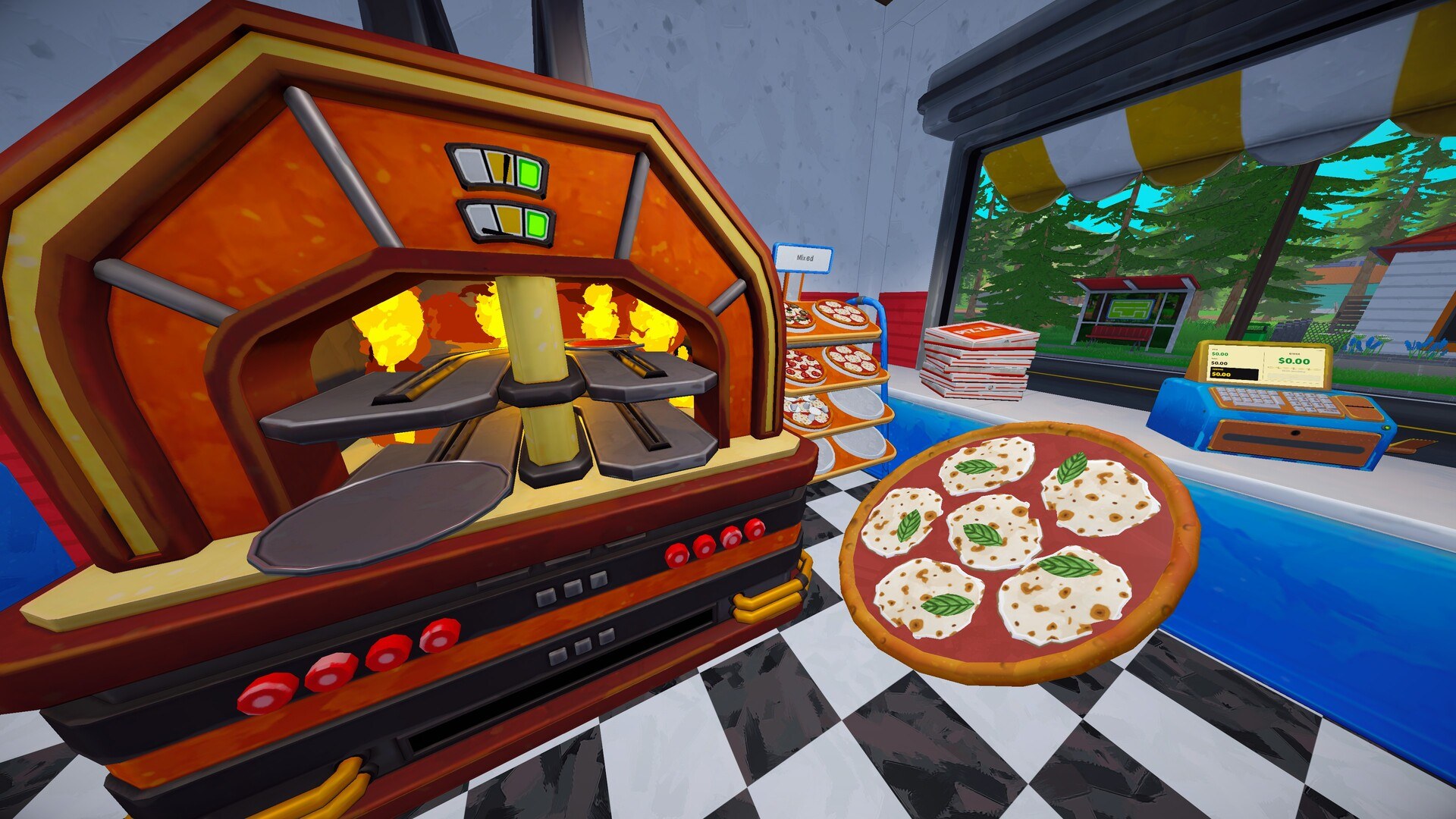 The pizza shop counter where the front-of-house loop happens